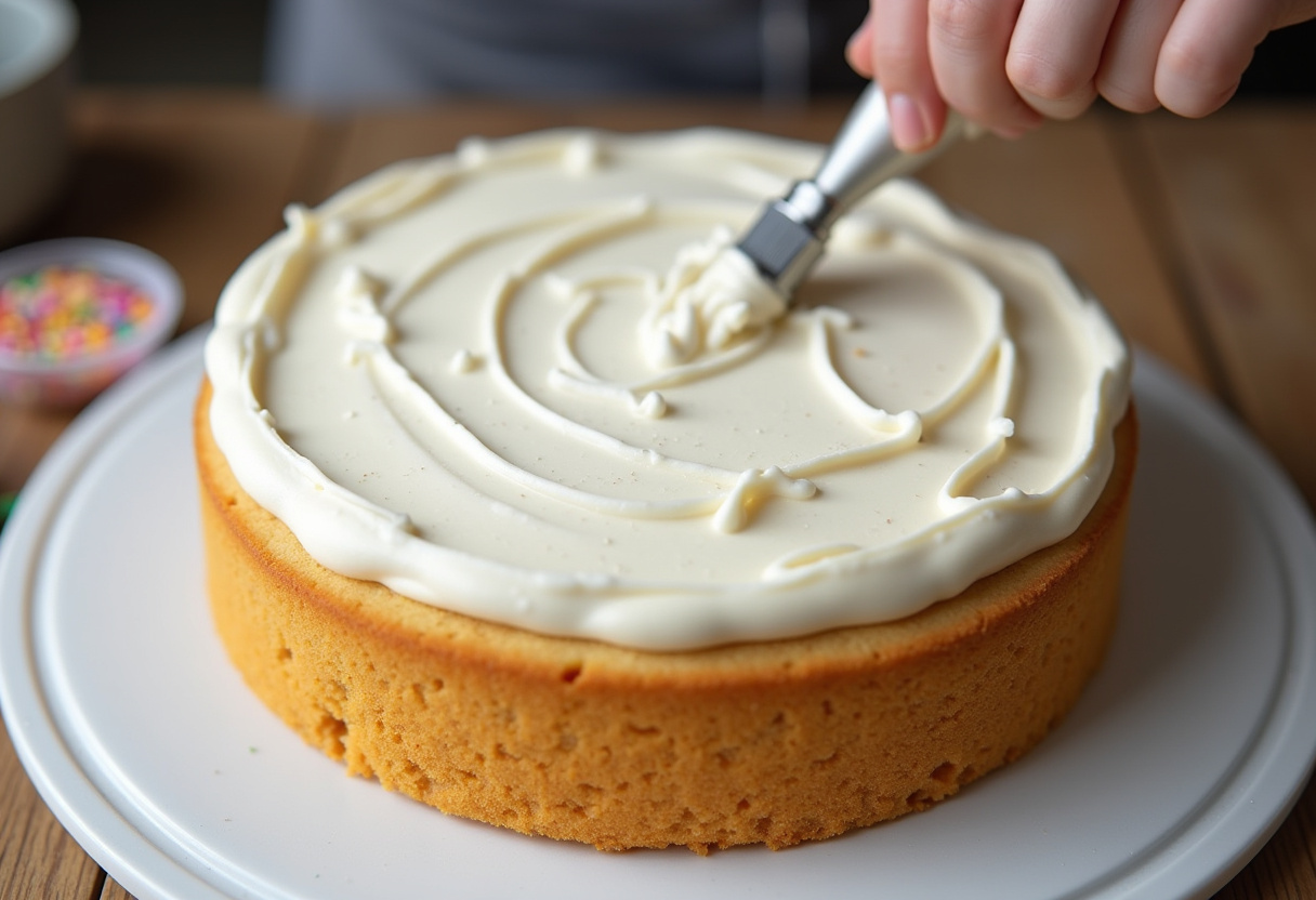 Frosting being applied to a cake layer for a Creamy Easter Bunny Cake.