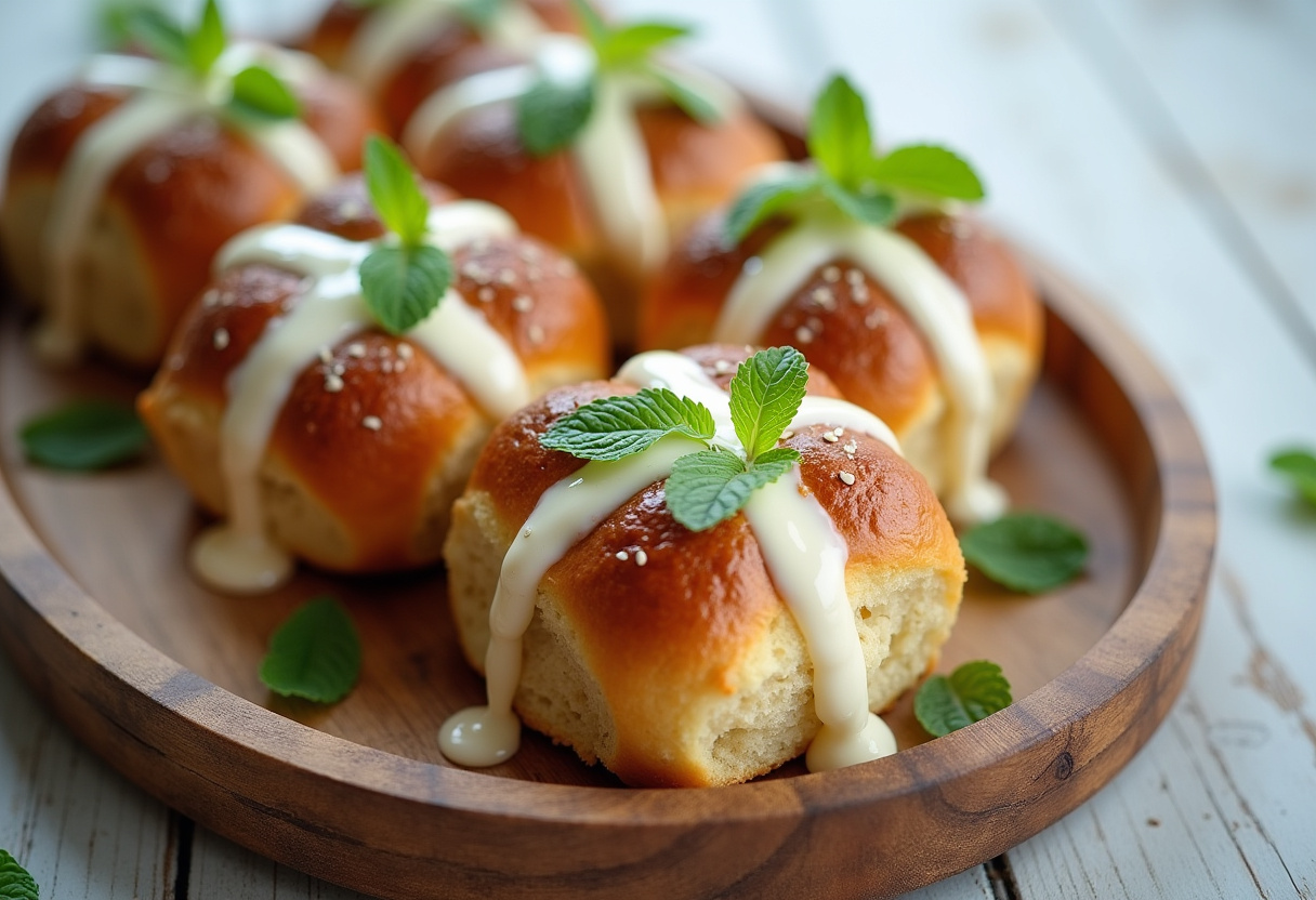 Delicious Creamy Hot Cross Buns served on platter, ready to eat.