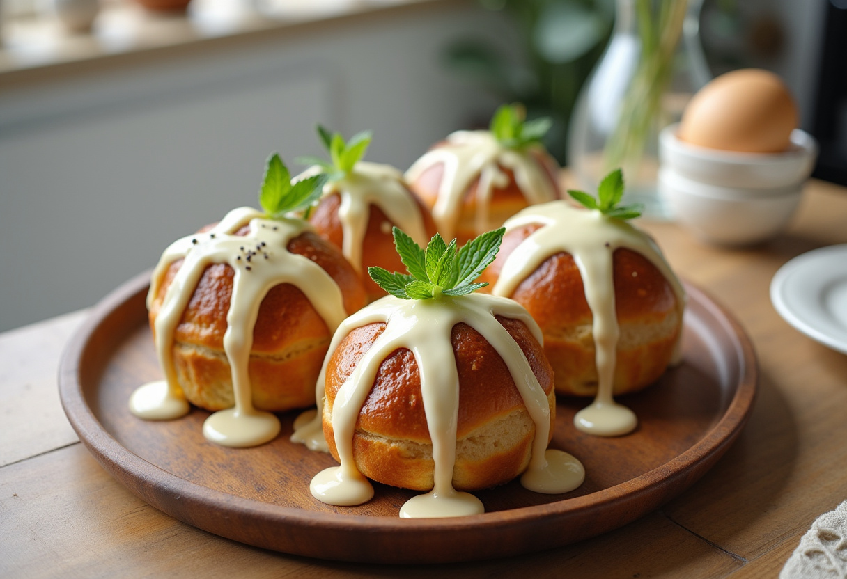 Delicious Creamy Hot Cross Buns served on platter, ready to eat.