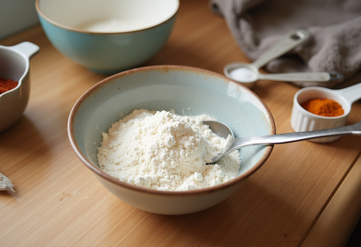 Flour ready to mix ingredients for Creamy Hot Cross Buns recipe.