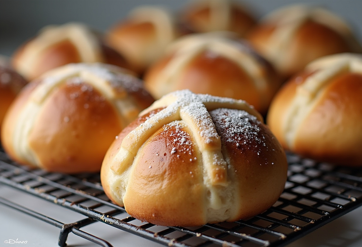 Freshly baked hot cross buns cooling on a rack.