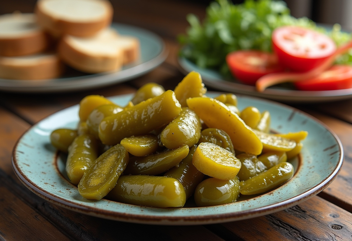 Crisp and tangy Delicious Pickles served with sandwiches and fresh vegetables.