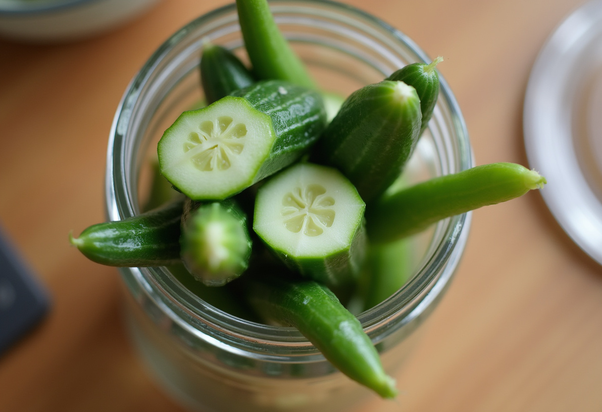Fresh cucumbers sliced and placed in a jar for making Delicious Pickles.