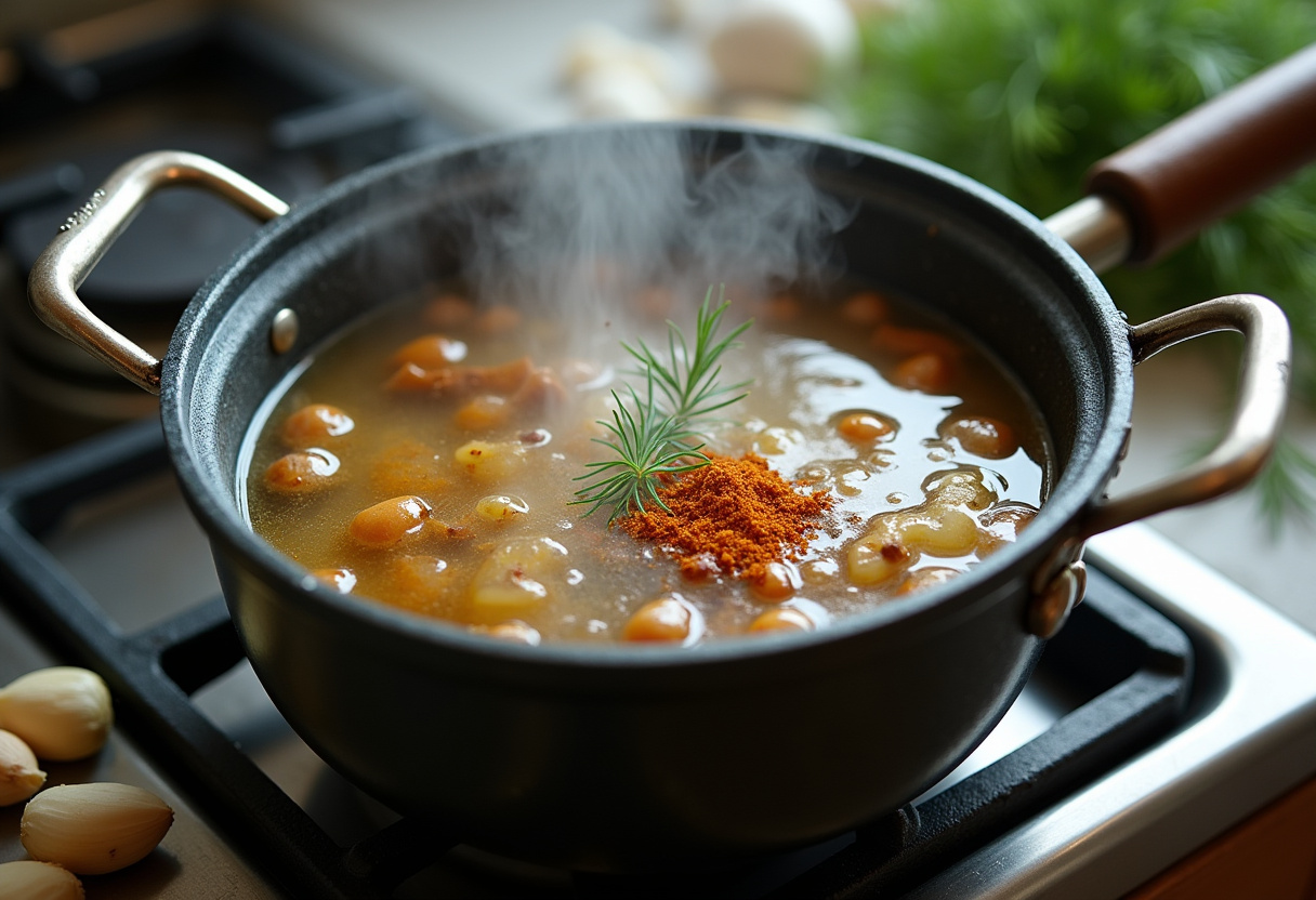 Simmering vinegar and spice brine for Delicious Pickles recipe.