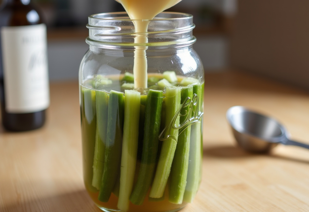 Pouring hot brine over cucumbers in a jar for Delicious Pickles.