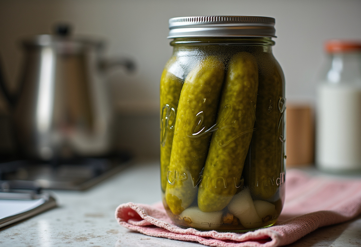 Sealed jar of Delicious Pickles cooling on the counter.