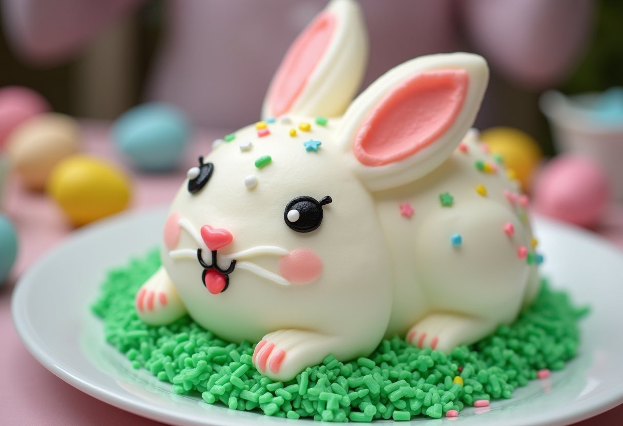 Finished Easy Easter Bunny Cake decorated with buttercream frosting and sprinkles, ready for Easter.