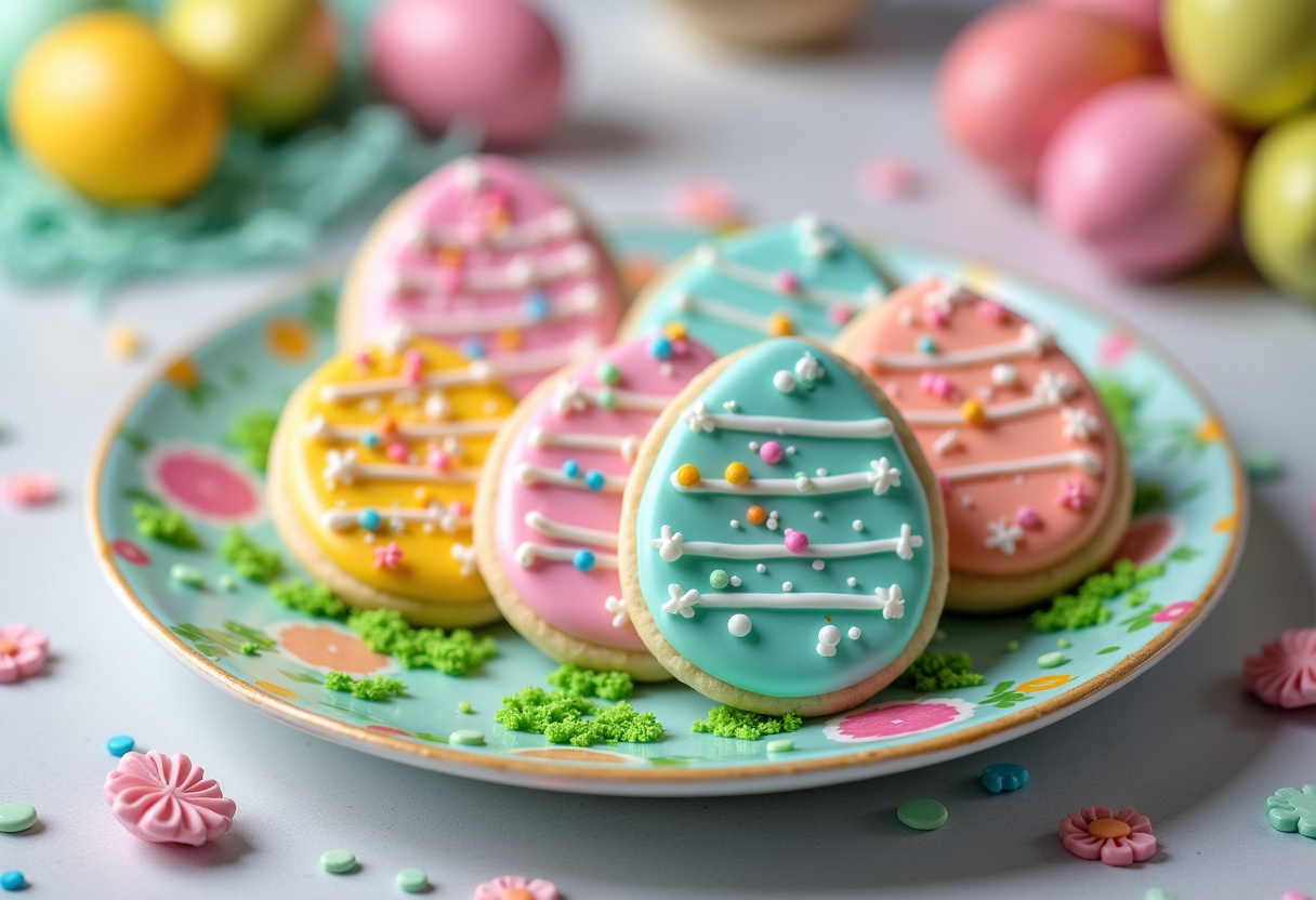 Decorated Easter egg sugar cookies with colorful icing and sprinkles.