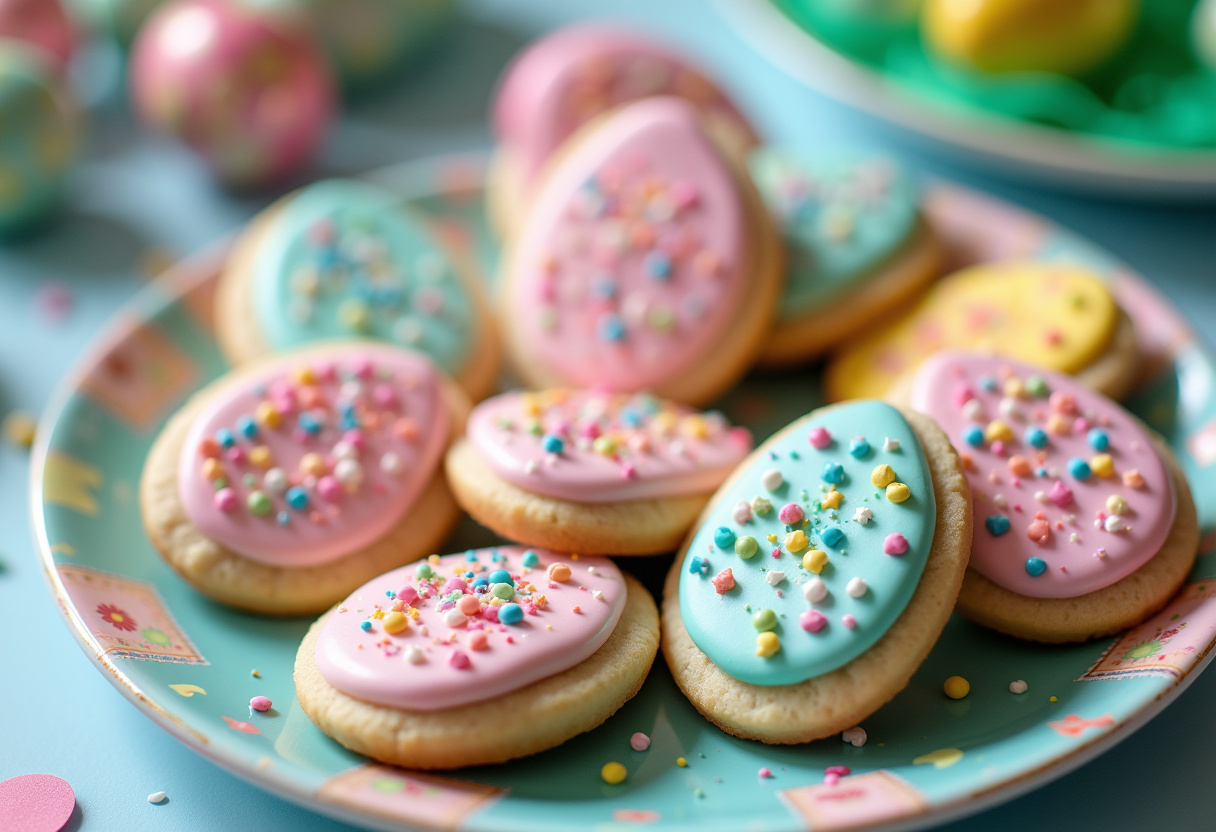 Easy Easter Egg Sugar Cookies 8 Decorated Easter egg sugar cookies with colorful icing and sprinkles.