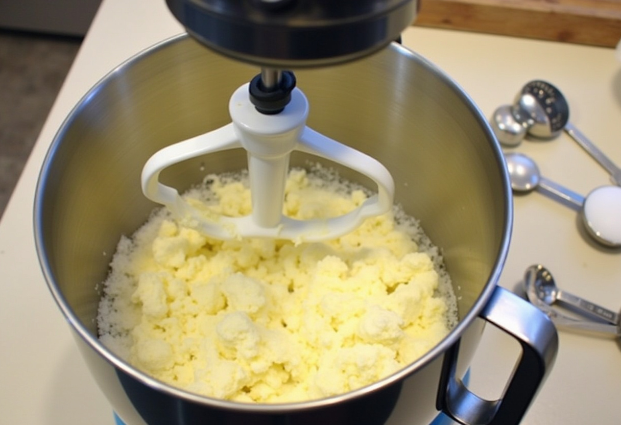 Easy Easter Egg Sugar Cookies 10 Creaming butter and sugar in a mixer for Easter egg sugar cookies.