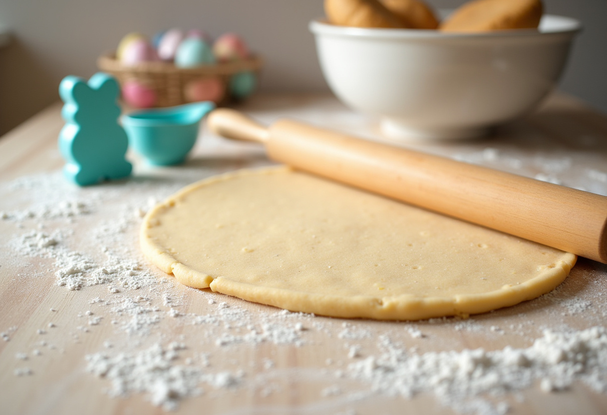 Easy Easter Egg Sugar Cookies 11 Rolling out sugar cookie dough for Easter egg-shaped cookies.
