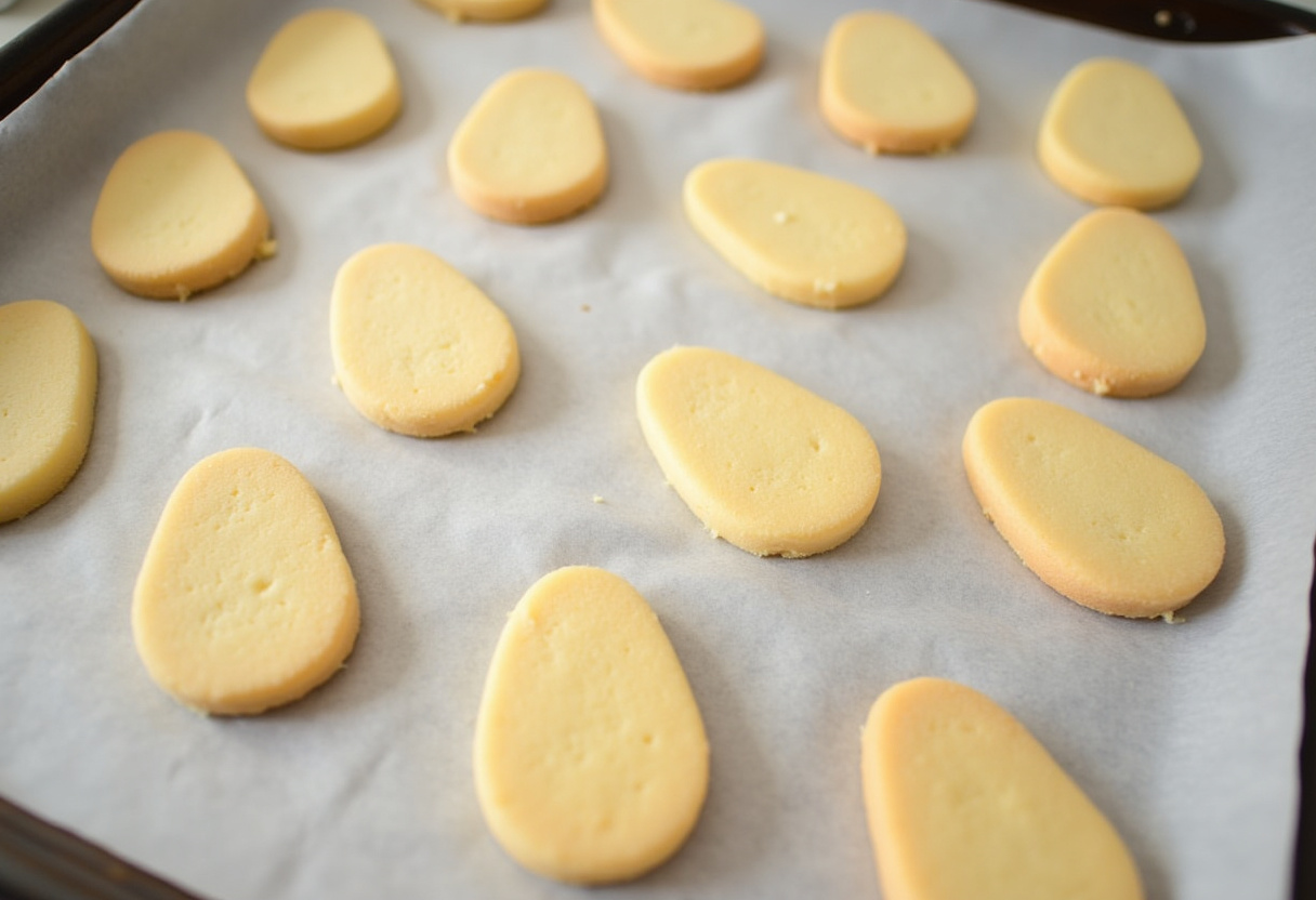 Easy Easter Egg Sugar Cookies 12 Easter egg sugar cookies on a baking sheet ready for baking.