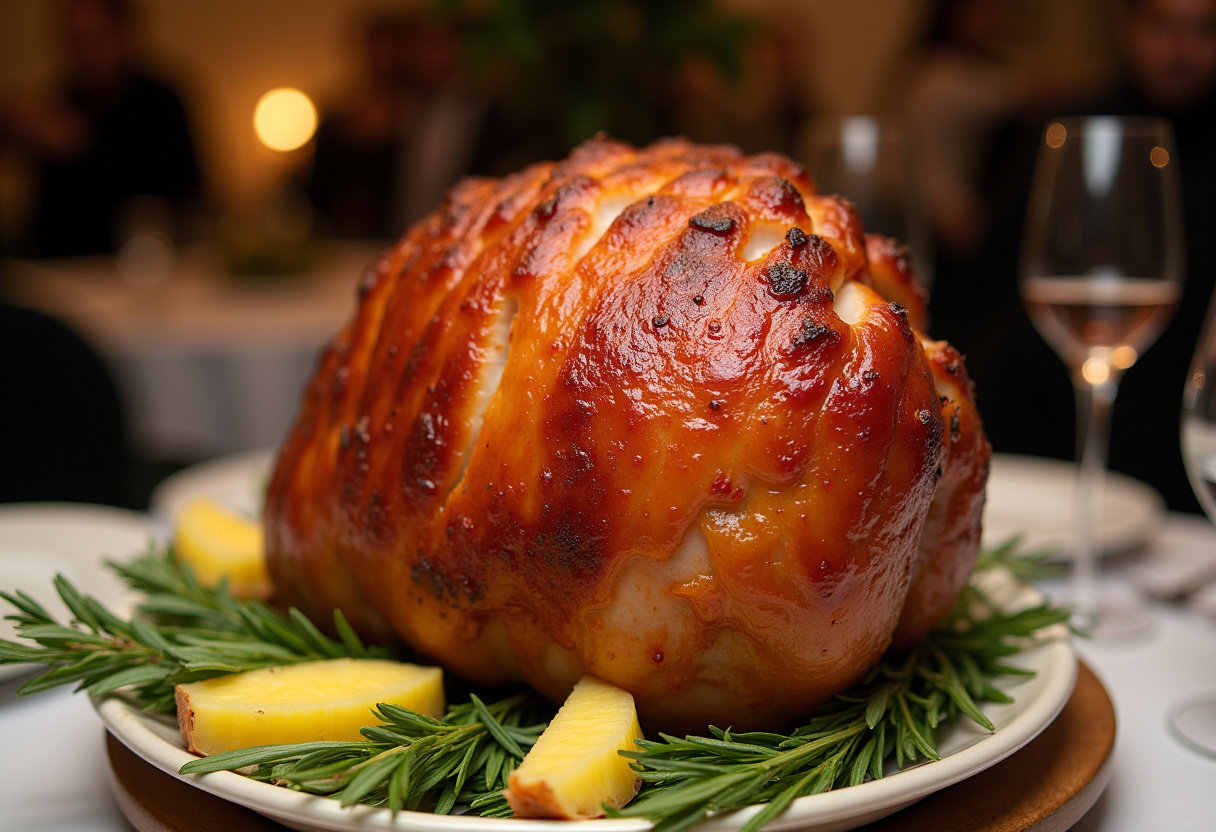 Perfectly glazed ham with herbs and pineapple, ready to serve for a special meal.
