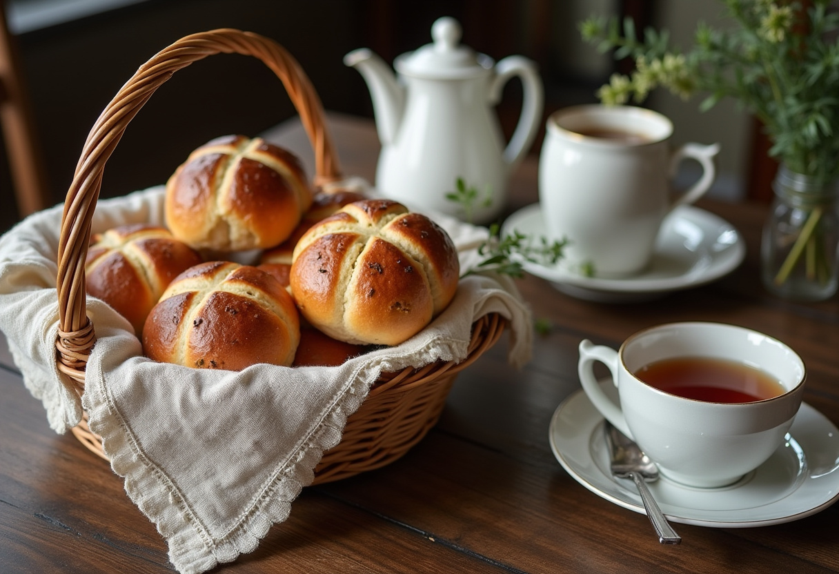 Freshly baked easy hot cross buns served with tea.