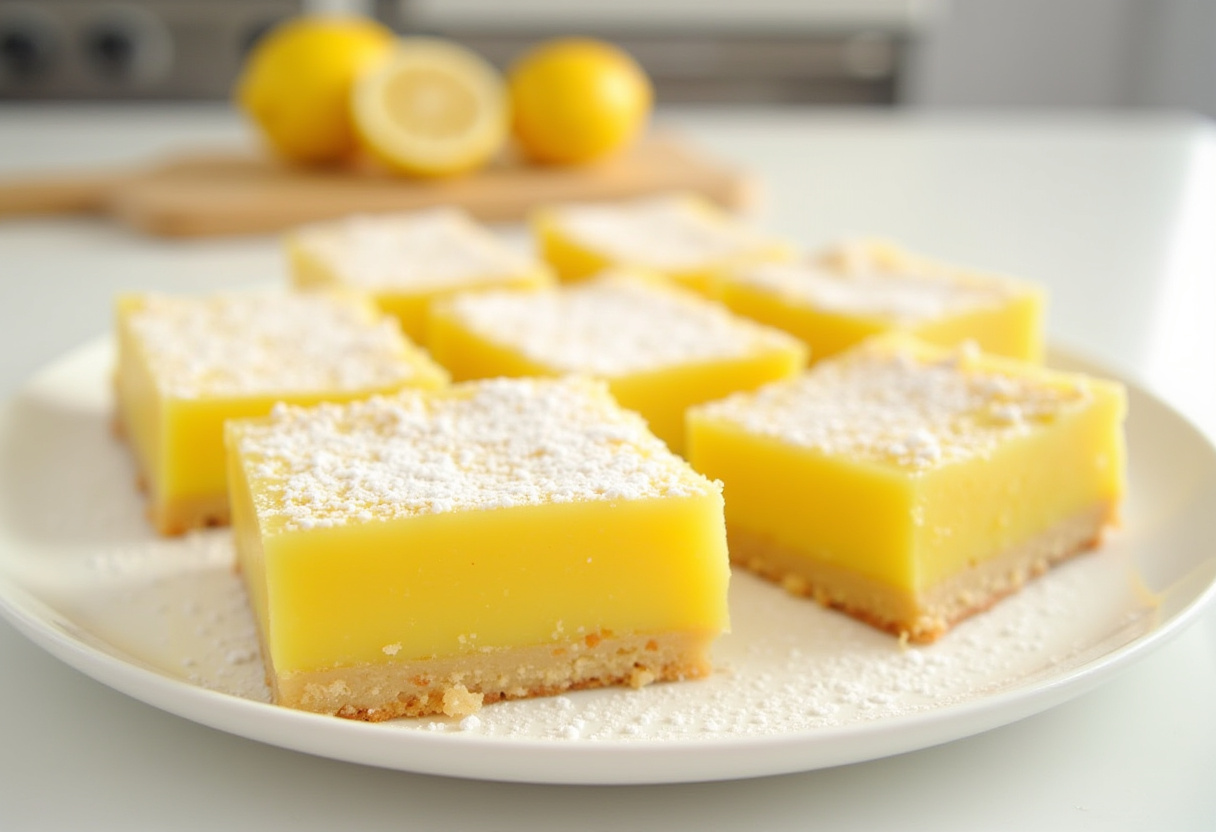 Delicious and easy lemon bars dusted with powdered sugar, ready to be served.