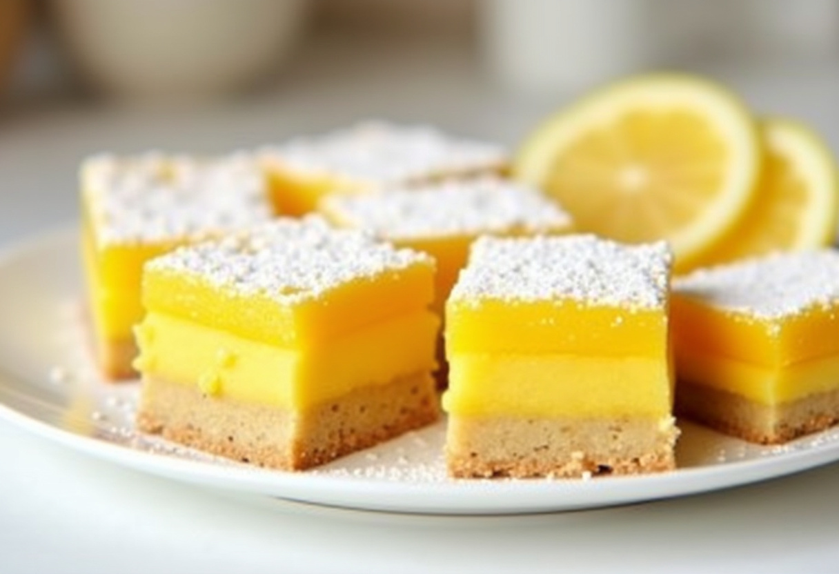 Easy Lemon Bars 8 Delicious and easy lemon bars dusted with powdered sugar, ready to be served.