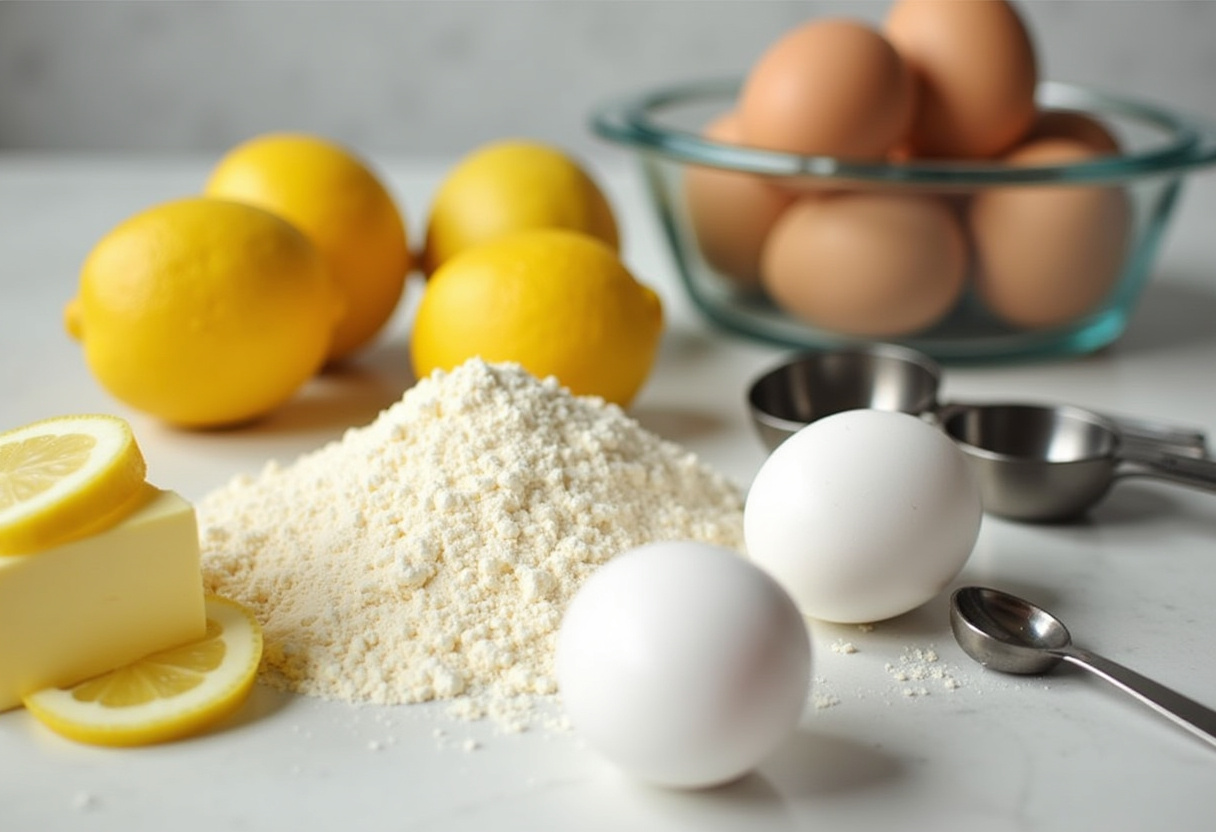 Easy Lemon Bars 9 Ingredients for easy lemon bars, including lemons, flour, butter, sugar, and eggs.