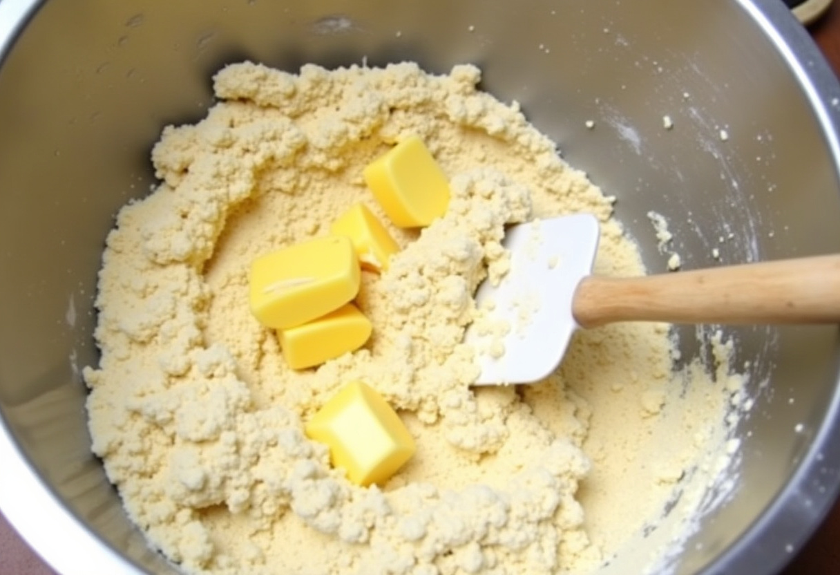 Easy Lemon Bars 10 Making the crust for lemon bars by combining flour, butter, and sugar.