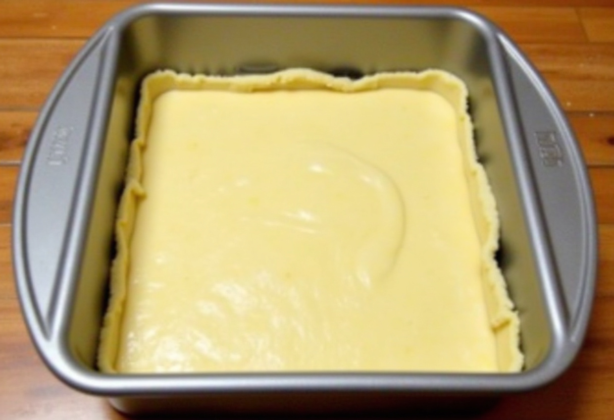 Easy Lemon Bars 11 Lemon bar crust pressed into a square baking pan, ready for filling.
