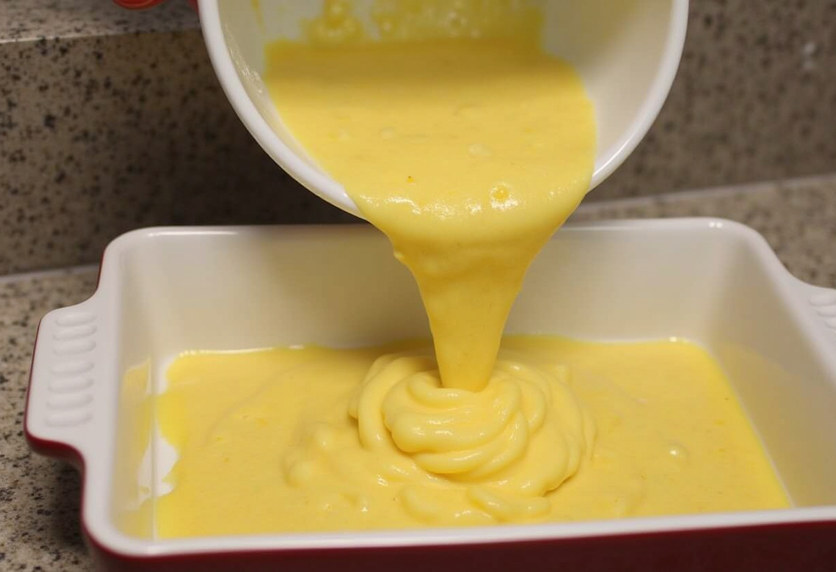 Pineapple mixture being poured into a baking dish for Pineapple Casserole.