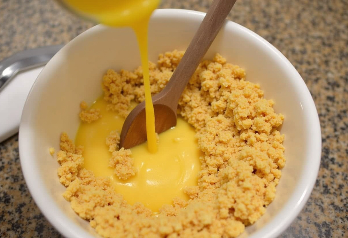 Preparing Ritz cracker topping with melted butter for Easy Pineapple Casserole.