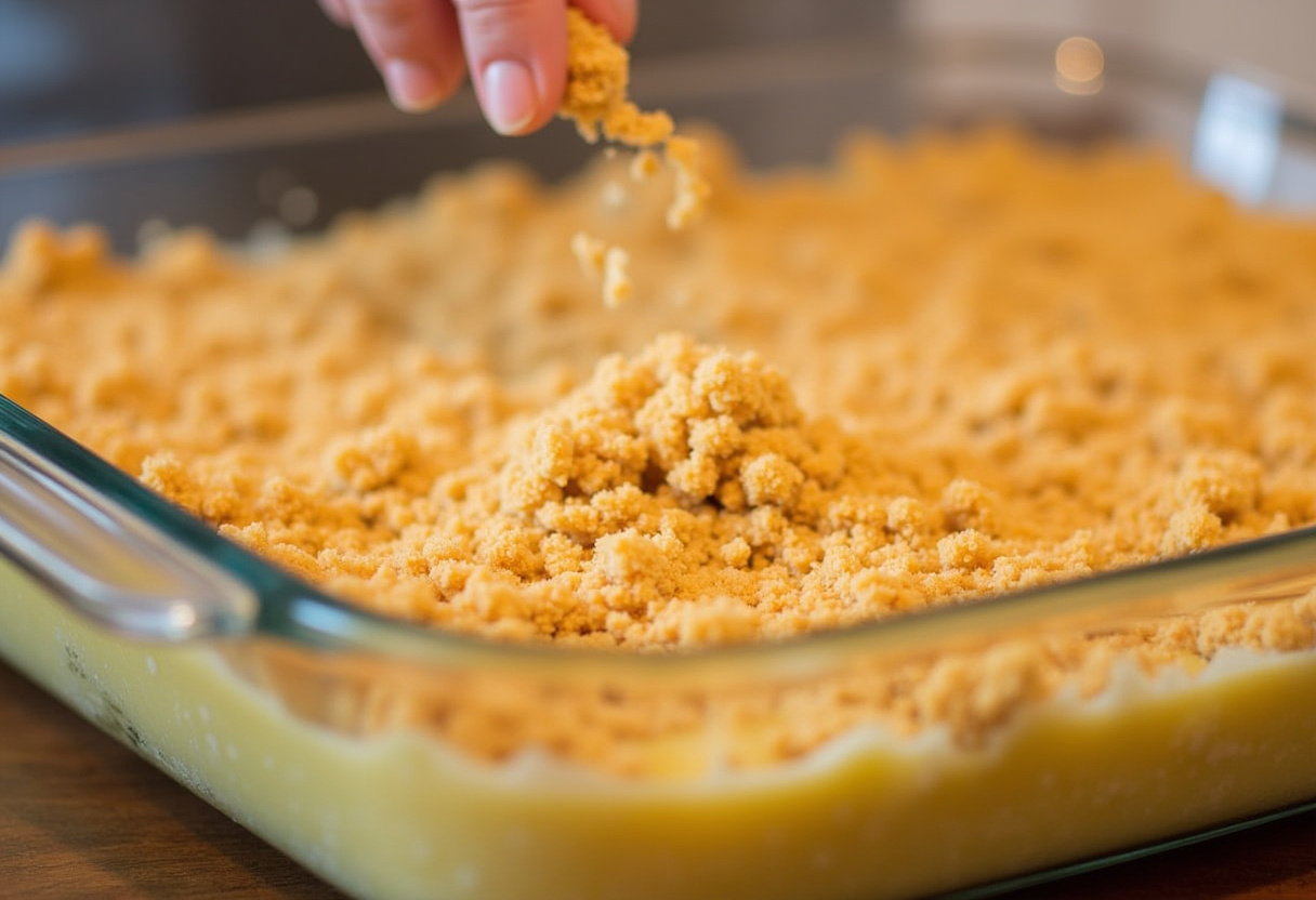 Ritz cracker topping being spread on Pineapple Casserole before baking.