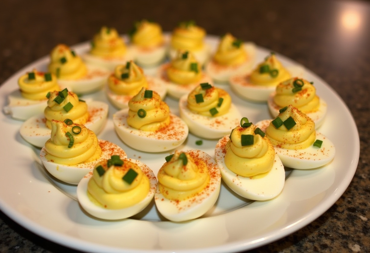 Delicious Family Favorite Deviled Eggs garnished with paprika and chives, perfect for sharing.