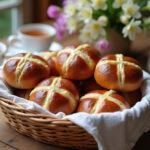 Freshly baked Family Favorite Hot Cross Buns served with tea.