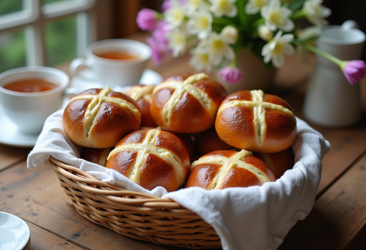 Freshly baked Family Favorite Hot Cross Buns served with tea.