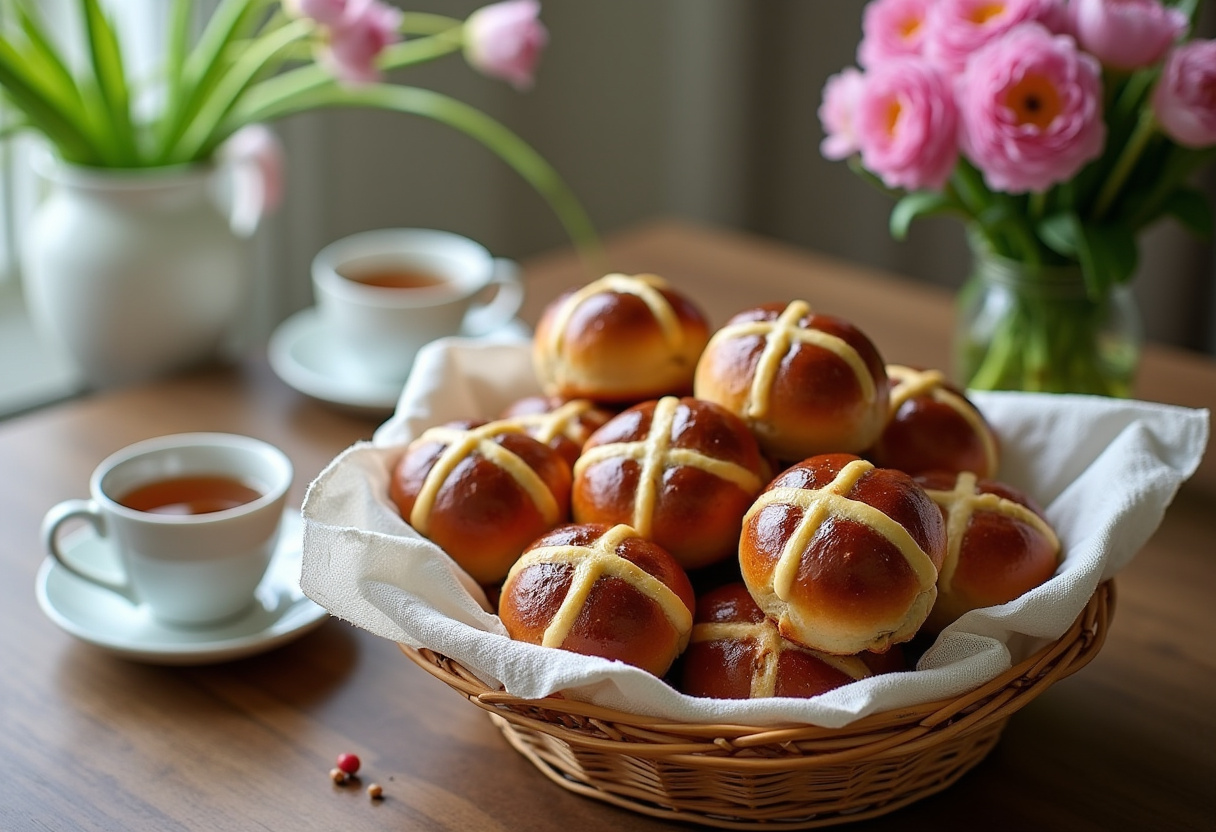 Freshly baked Family Favorite Hot Cross Buns served with tea.