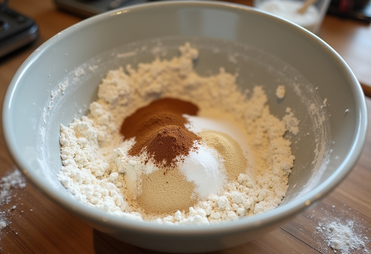 Ingredients in a mixing bowl for making Family Favorite Hot Cross Buns.