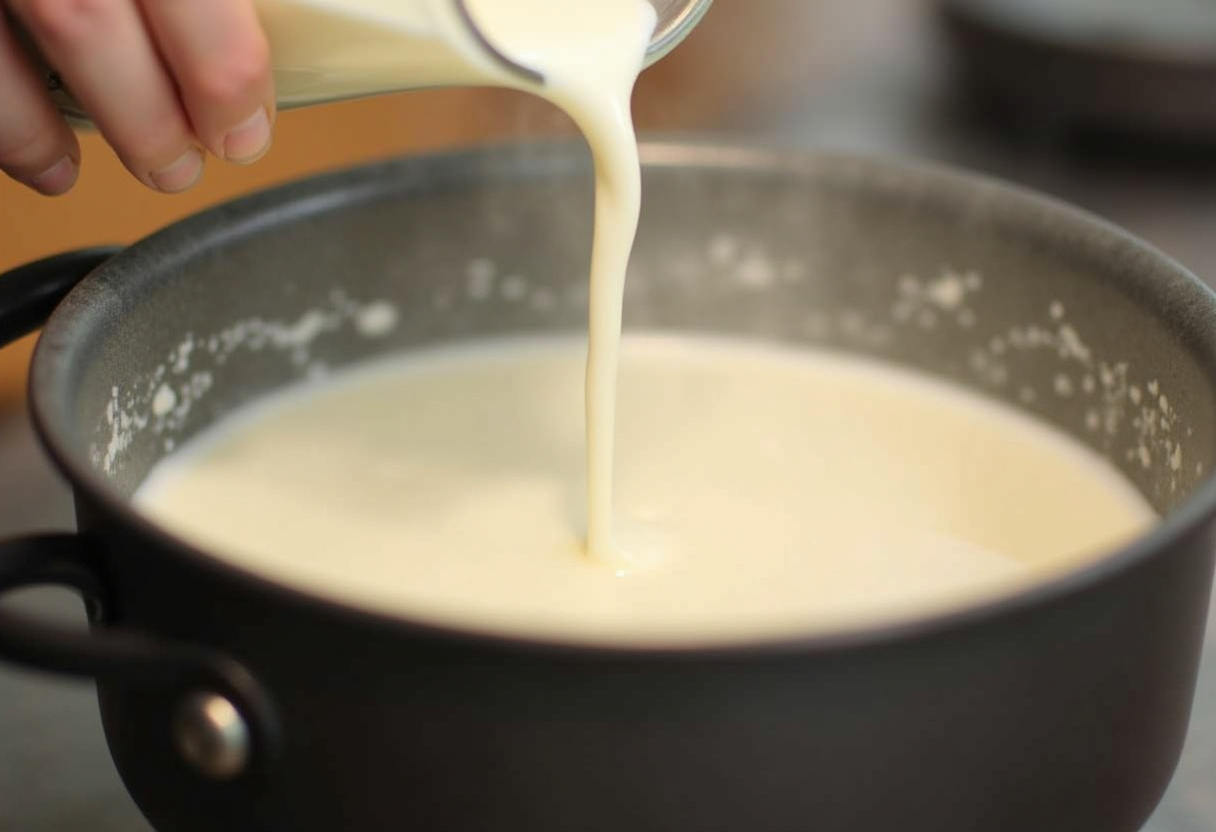 Heating milk in a saucepan for Family Favorite Hot Cross Buns.