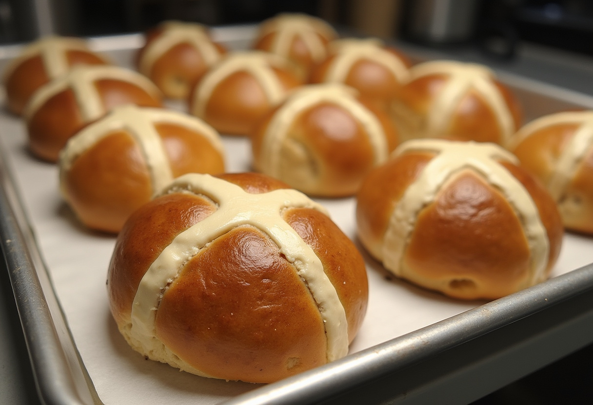 Hot cross buns decorated with crosses before baking.