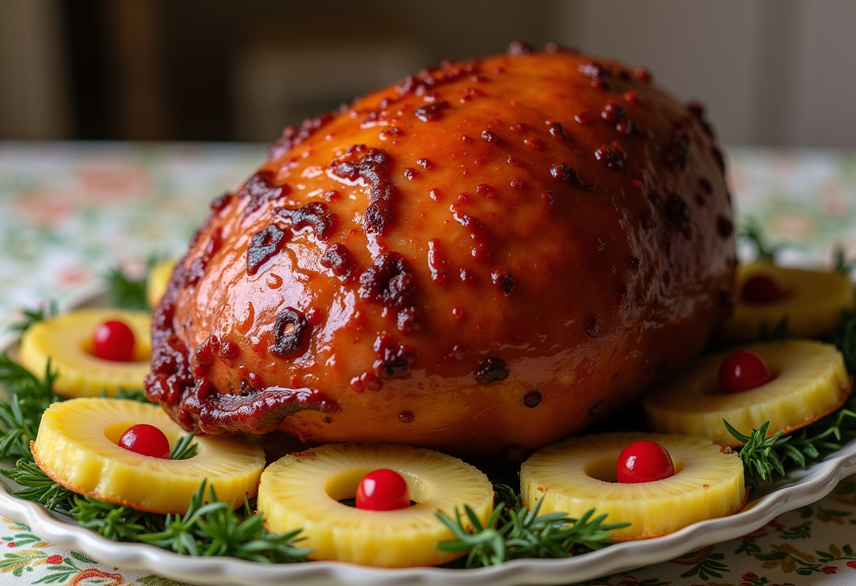 Finished Glazed Ham with pineapple and cherry garnish for Easter Dinner.