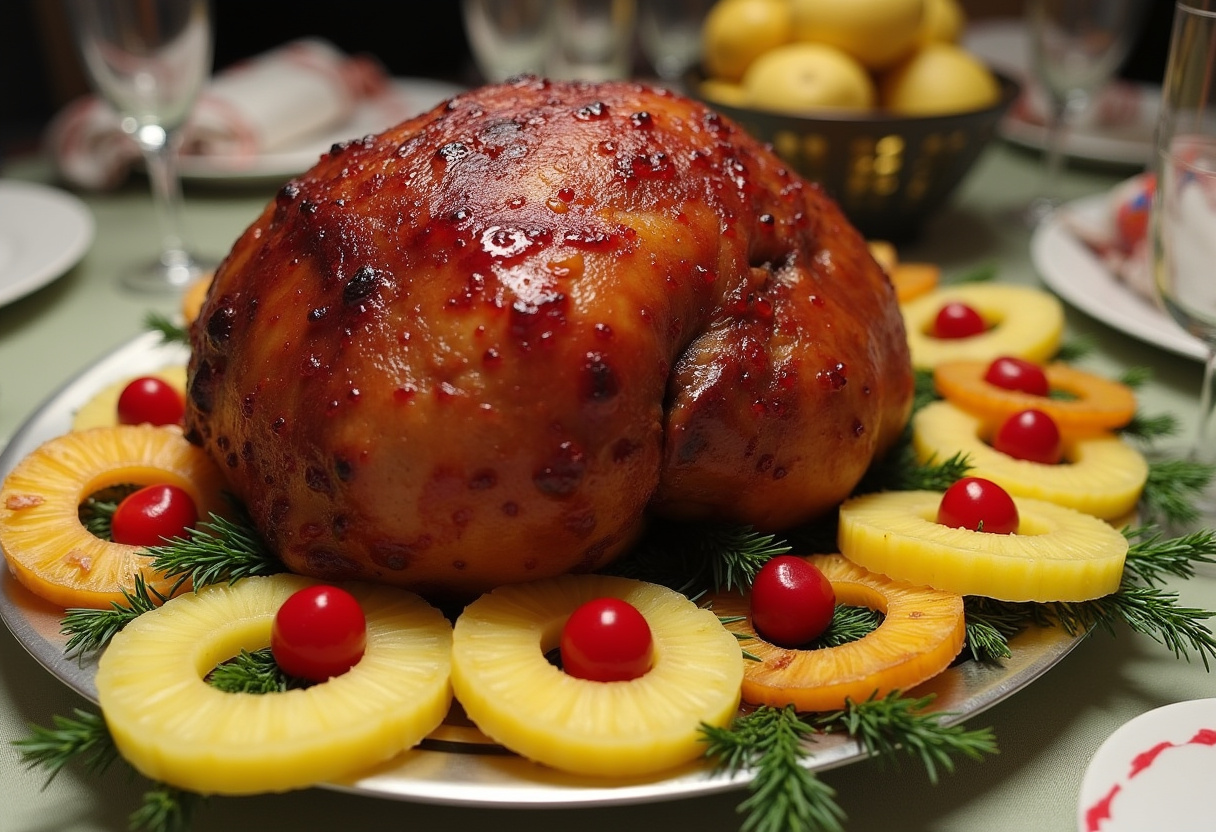 Glazed Ham for Easter Dinner 8 Finished Glazed Ham with pineapple and cherry garnish for Easter Dinner.