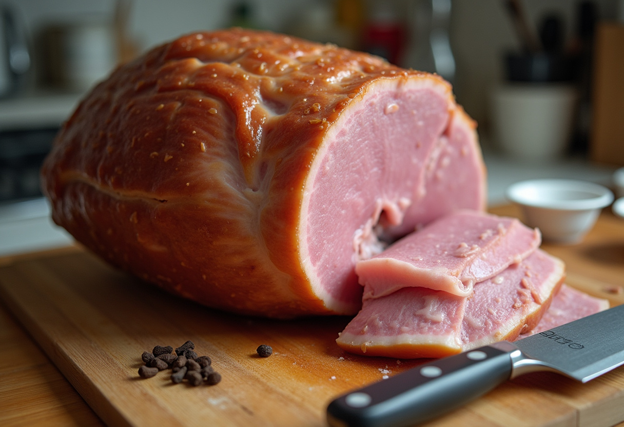 Glazed Ham for Easter Dinner 9 Large ham on a cutting board with cloves and knife for preparing Glazed Ham for Easter Dinner.