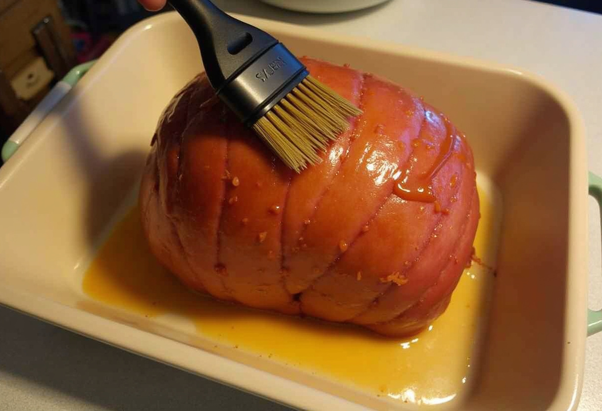 Glazed Ham for Easter Dinner 11 Ham in a baking dish being basted with a sweet glaze for Easter Dinner.