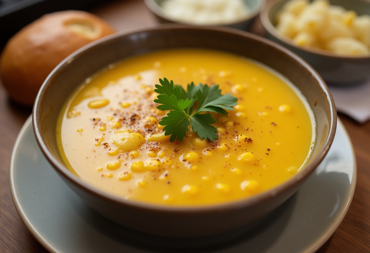 Finished Hearty Potato Corn Soup garnished with parsley and black pepper, ready to serve.