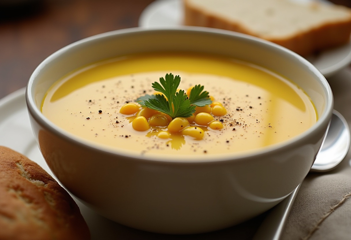 Hearty Potato Corn Soup 8 Finished Hearty Potato Corn Soup garnished with parsley and black pepper, ready to serve.