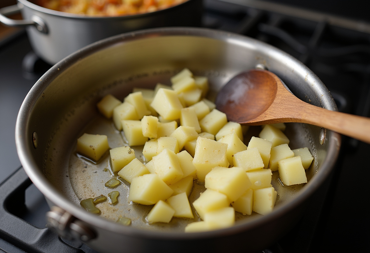 Hearty Potato Corn Soup 9 Diced potatoes and onions sautéing in a pot for Hearty Potato Corn Soup.