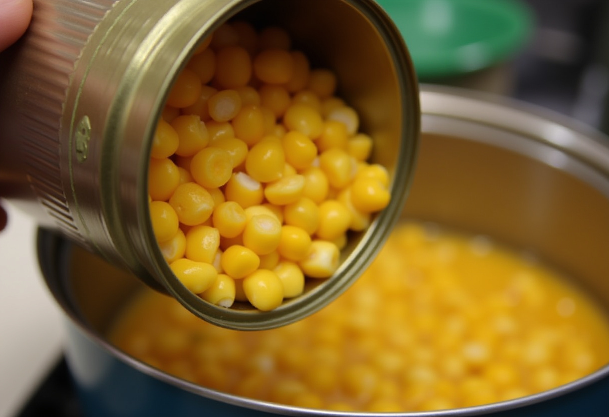 Hearty Potato Corn Soup 11 Can of corn kernels being opened for Hearty Potato Corn Soup.