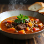 Hearty Vegetable Beef Barley Soup 13 Delicious Hearty Vegetable Beef Barley Soup with fresh parsley and crusty bread, ready to enjoy.