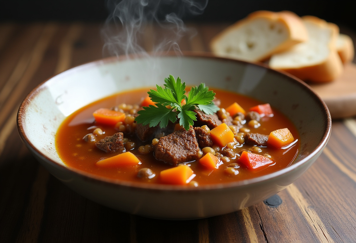 Delicious Hearty Vegetable Beef Barley Soup with fresh parsley and crusty bread, ready to enjoy.