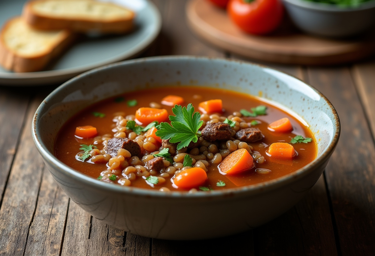 Hearty Vegetable Beef Barley Soup 8 Delicious Hearty Vegetable Beef Barley Soup with fresh parsley and crusty bread, ready to enjoy.