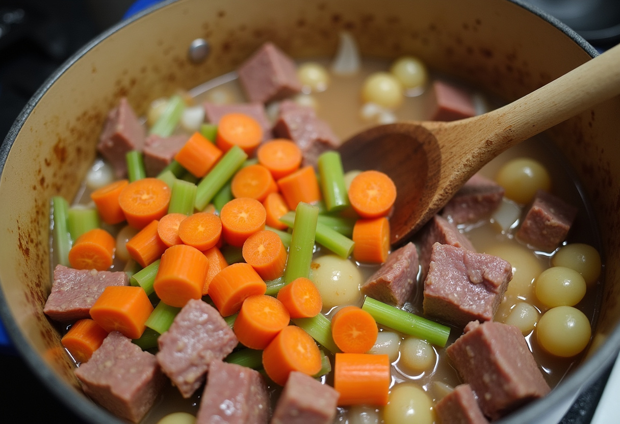 Hearty Vegetable Beef Barley Soup 10 Adding carrots, celery, and potatoes to the beef mixture for Hearty Vegetable Beef Barley Soup.