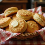 Homemade Buttermilk Biscuits 13 Freshly baked homemade buttermilk biscuits in a basket with butter.