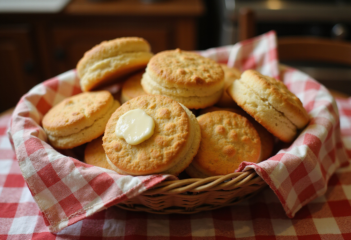 Freshly baked homemade buttermilk biscuits in a basket with butter.