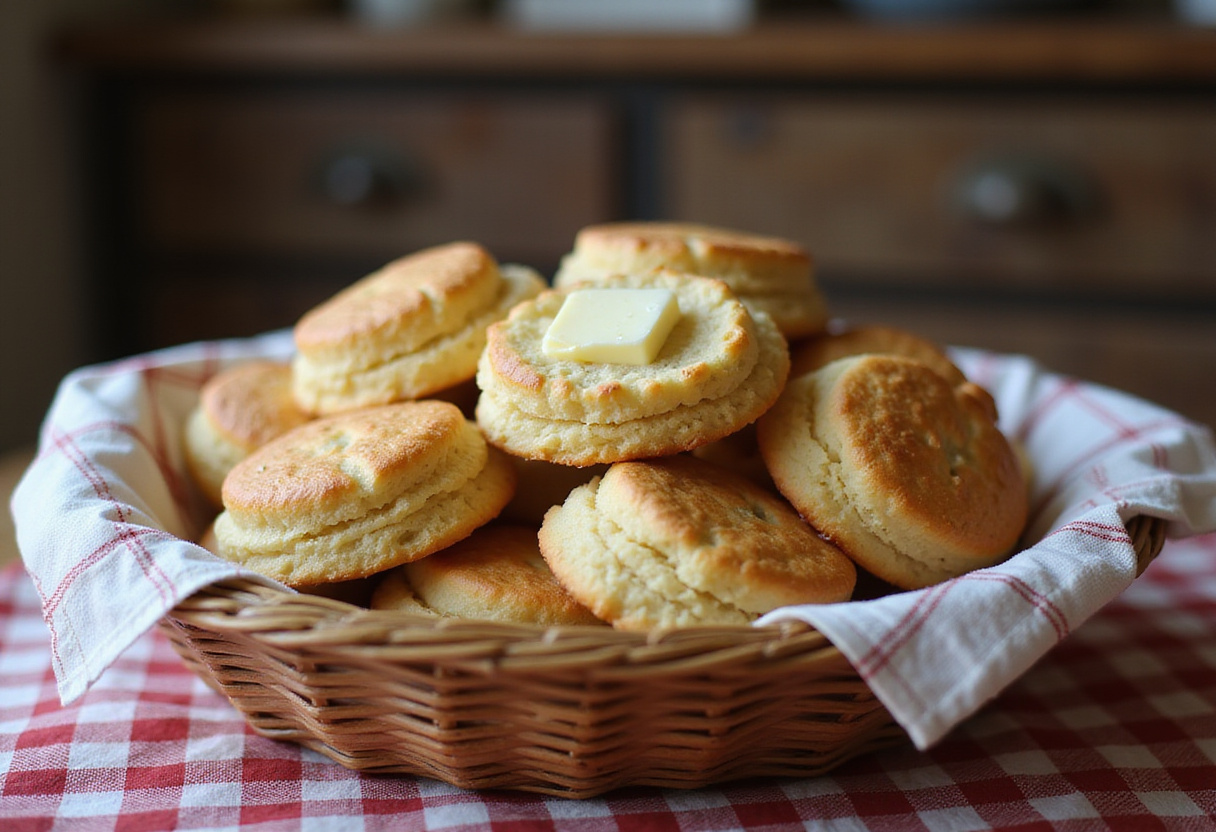 Homemade Buttermilk Biscuits 8 Freshly baked homemade buttermilk biscuits in a basket with butter.
