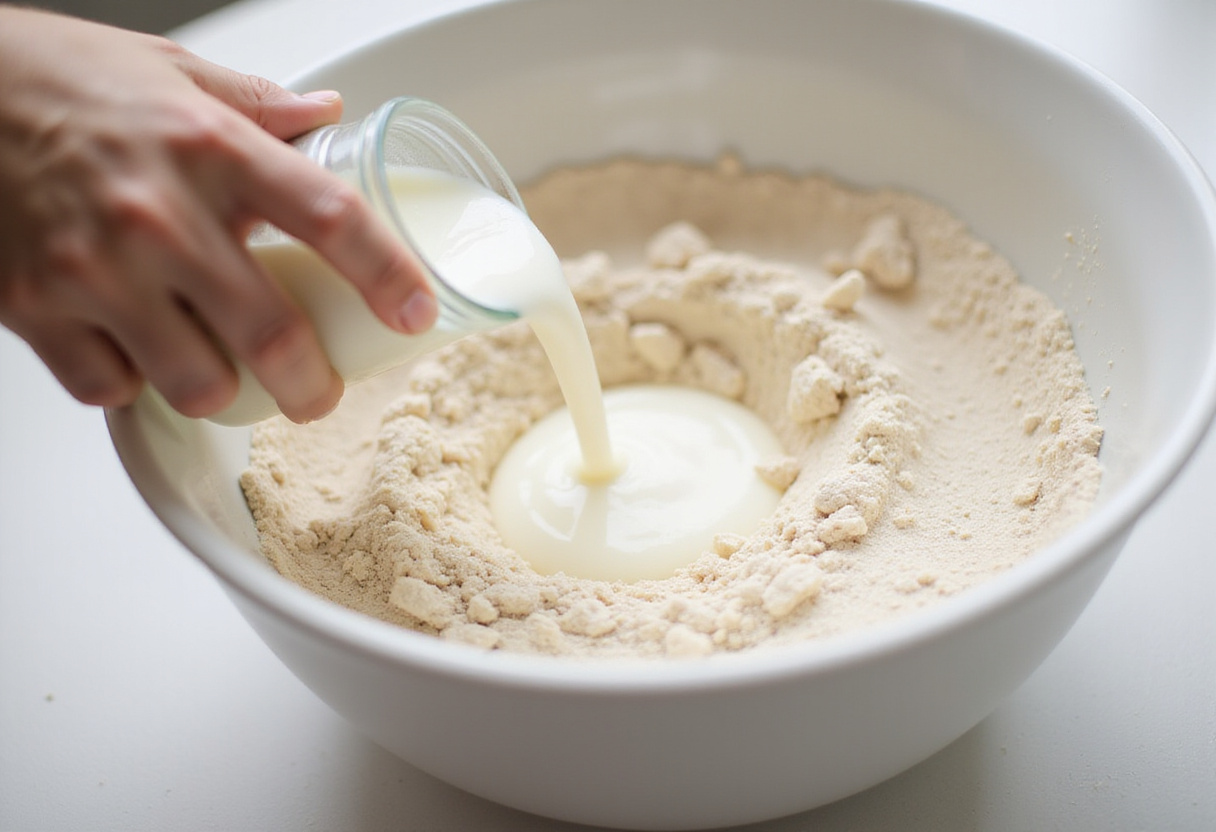 Homemade Buttermilk Biscuits 10 Buttermilk being added to dry ingredients for homemade biscuits recipe.
