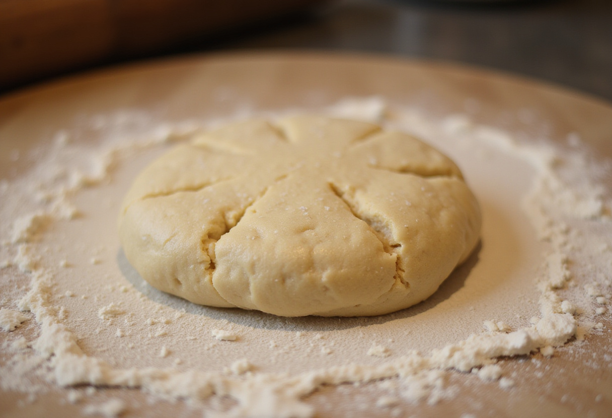 Homemade Buttermilk Biscuits 11 Biscuit dough being folded on a floured surface for homemade buttermilk biscuits.